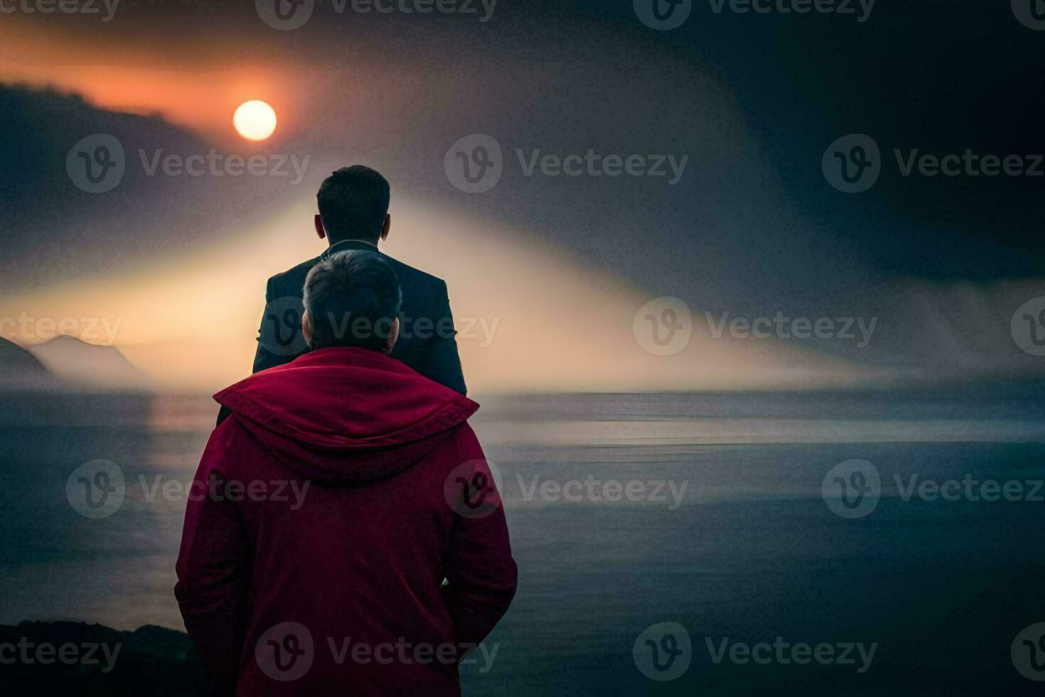 Due uomini in piedi su il riva guardare a il sole. ai-generato foto