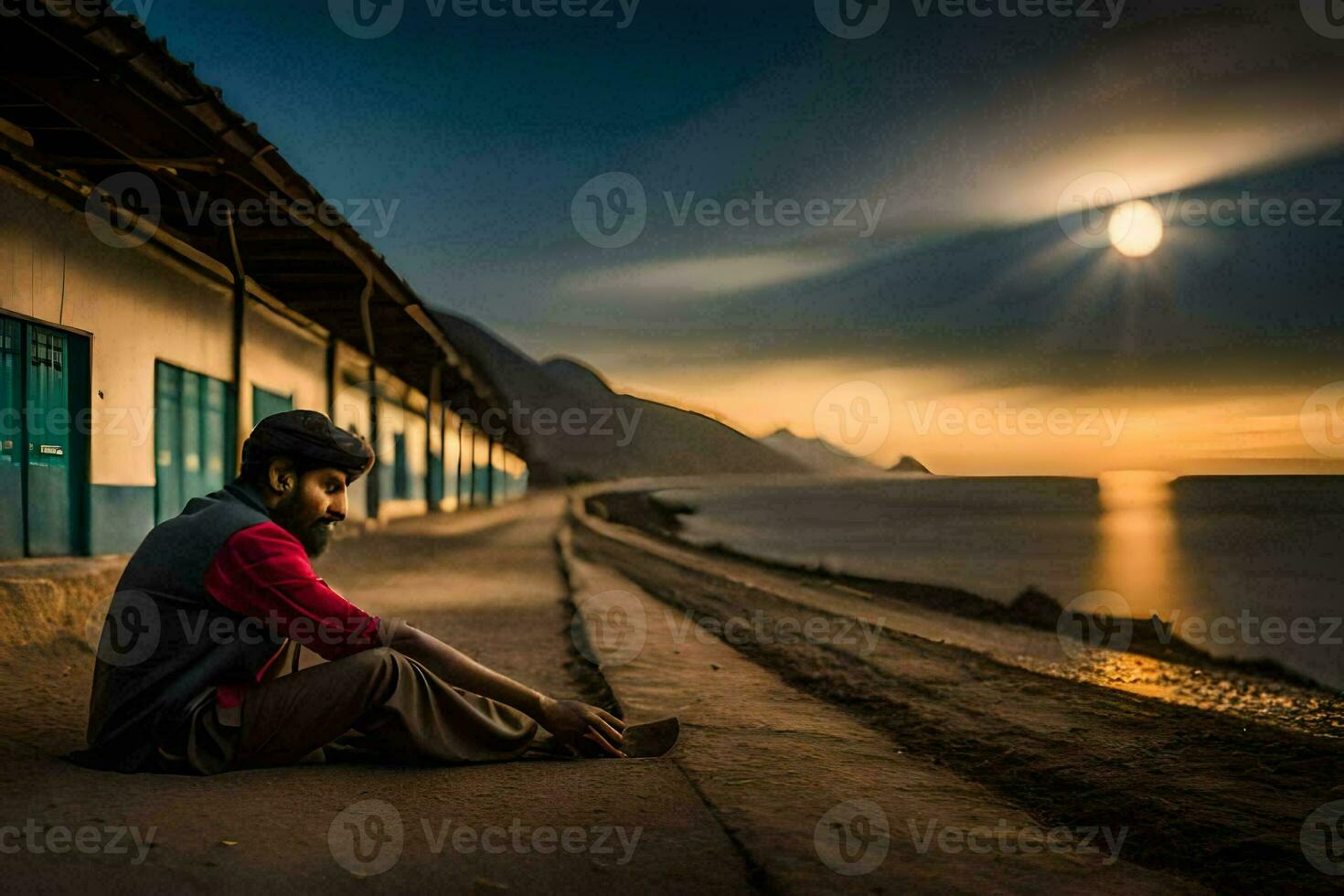 un' uomo seduta su il terra con il suo piedi nel il acqua. ai-generato foto