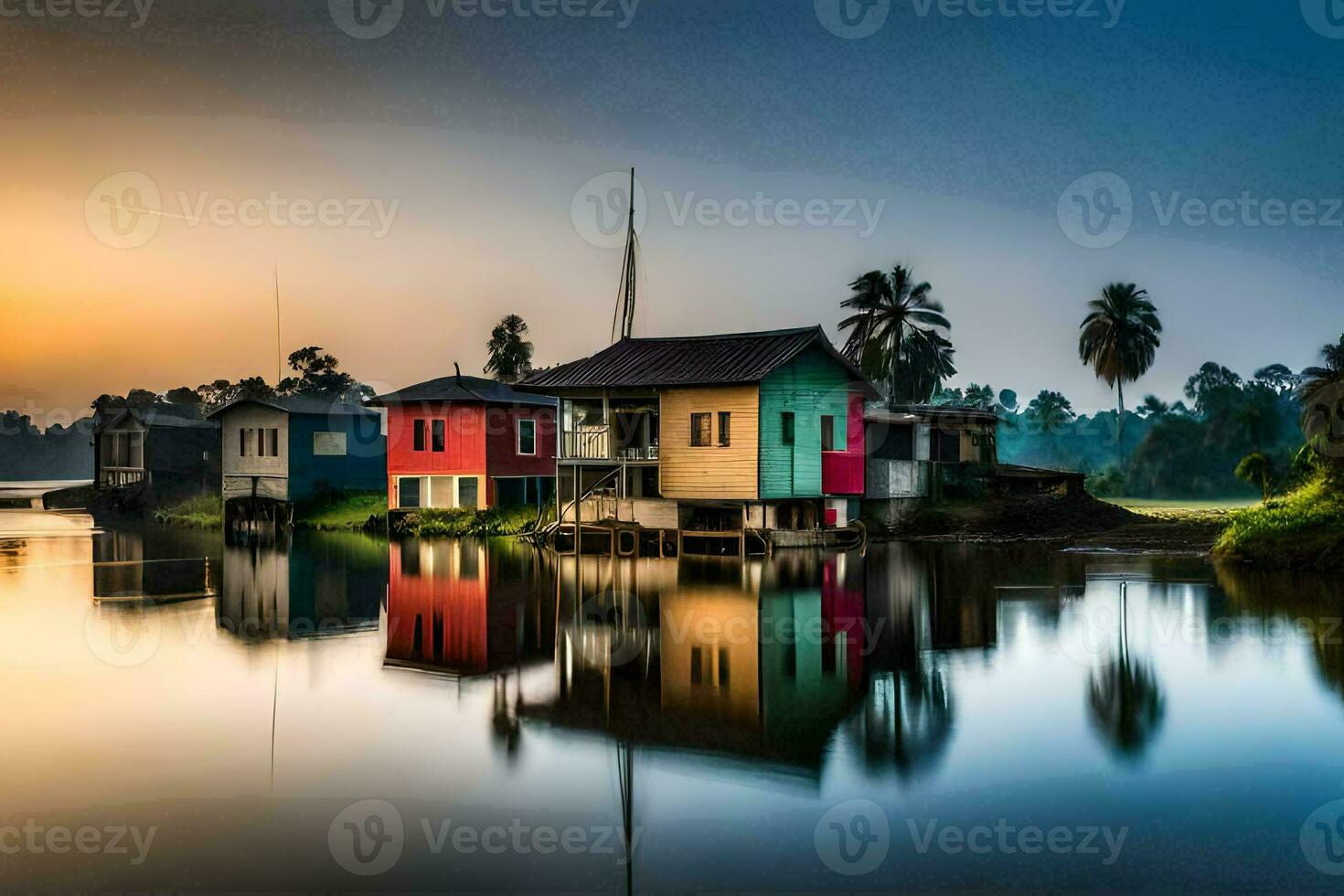 colorato case su il acqua a tramonto. ai-generato foto