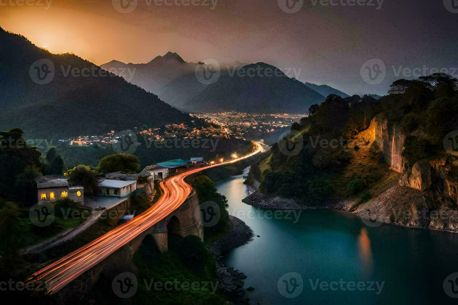 un' lungo esposizione fotografia di un' strada e fiume nel il montagne. ai-generato foto