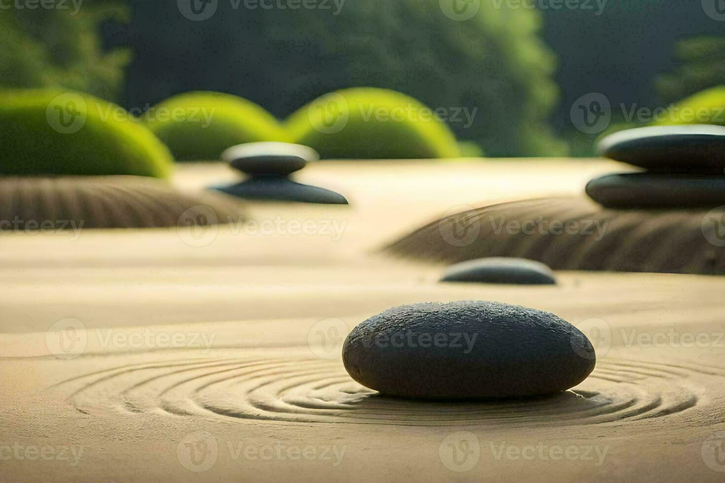 un' zen giardino con pietre e erba. ai-generato foto