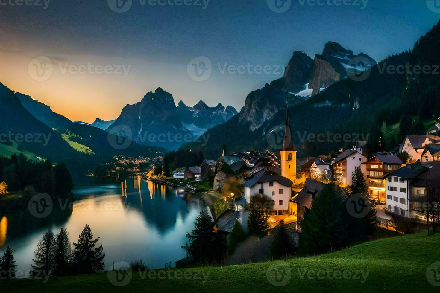 un' bellissimo tramonto al di sopra di un' lago e montagne. ai-generato foto