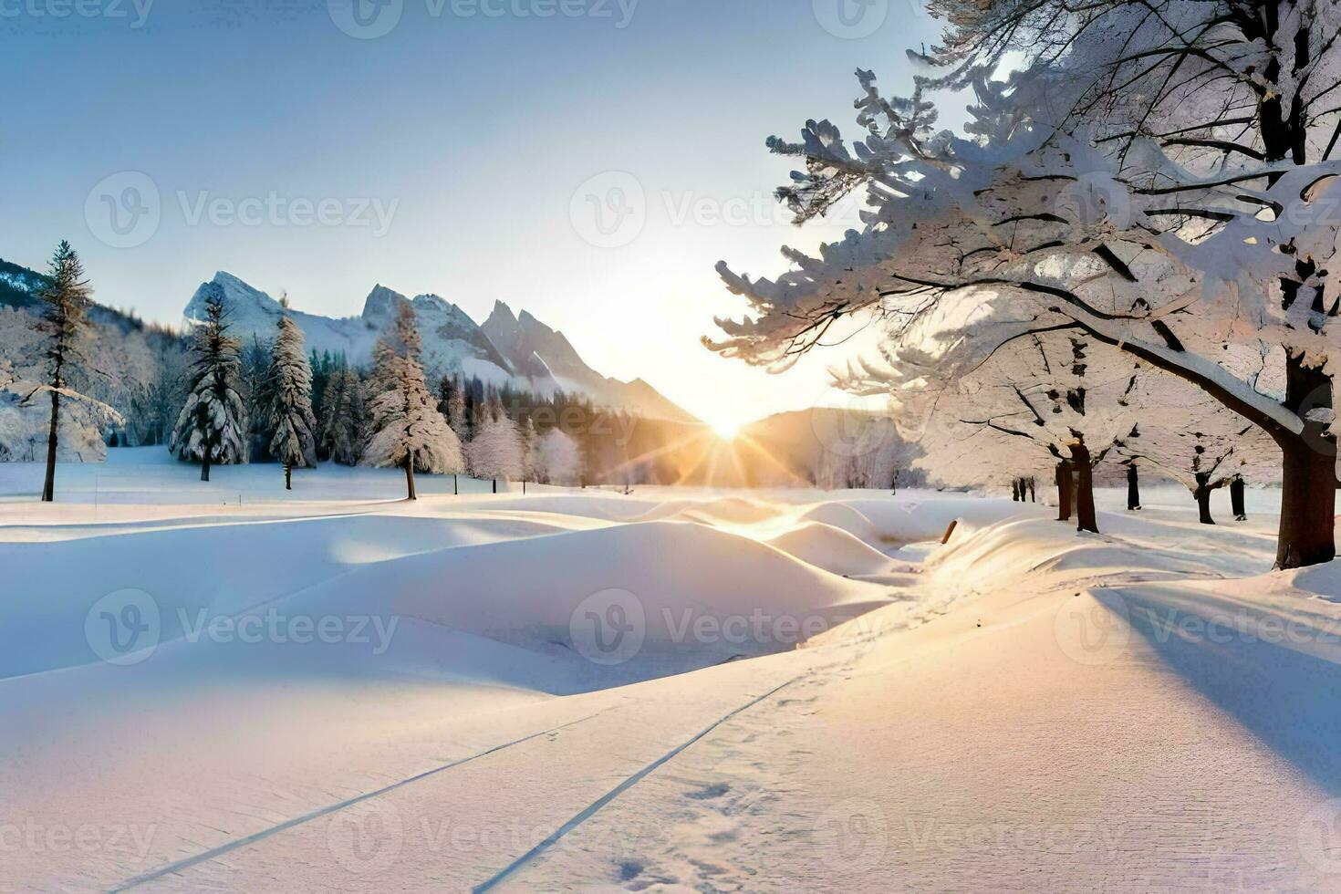 neve coperto alberi e il sole ambientazione nel il sfondo. ai-generato foto