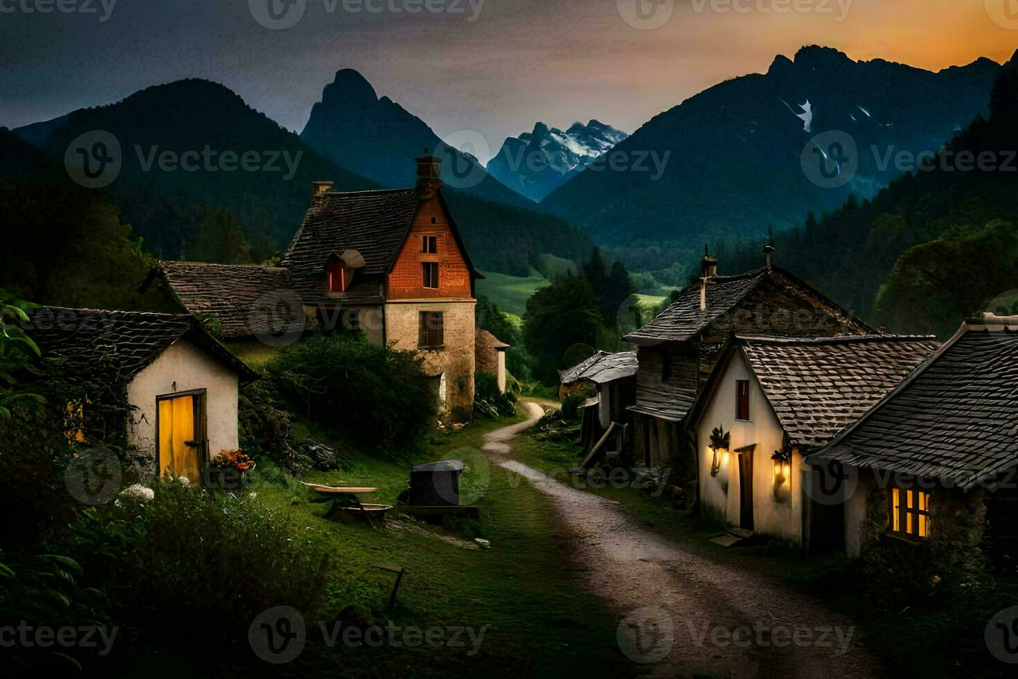 foto sfondo il cielo, montagne, strada, Casa, villaggio, tramonto, strada, villaggio,. ai-generato