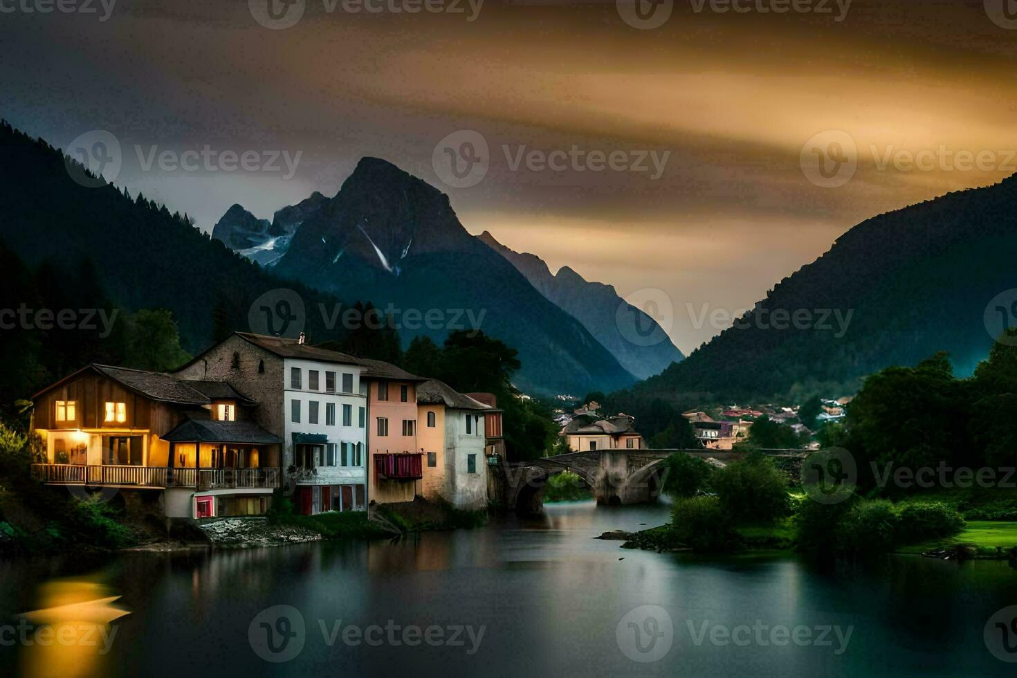 un' fiume e case nel il montagne a crepuscolo. ai-generato foto