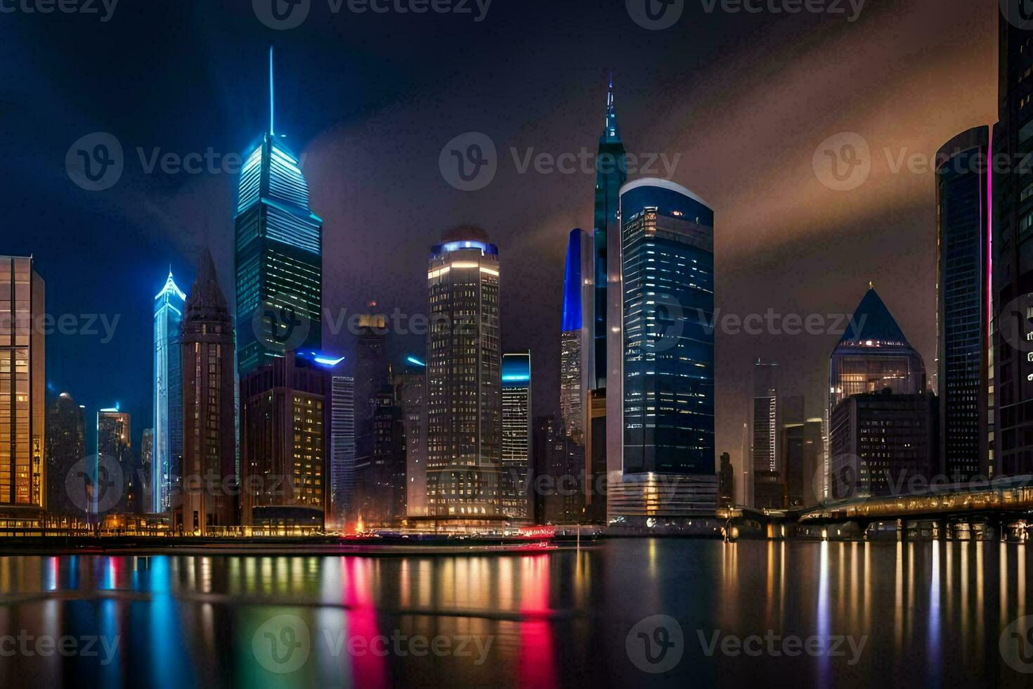 il città orizzonte a notte nel dubai. ai-generato foto