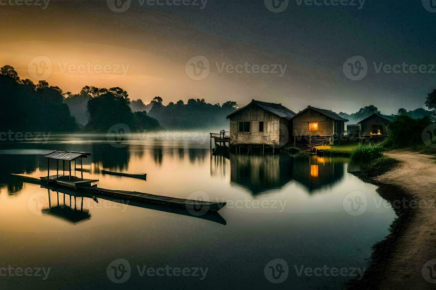 un' barca si siede su il riva di un' lago a Alba. ai-generato foto