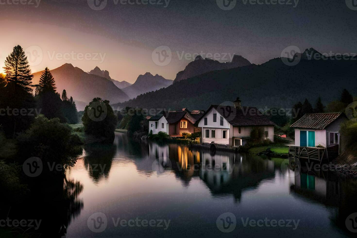 foto sfondo il cielo, montagne, acqua, case, il sole, il montagne, il fiume. ai-generato