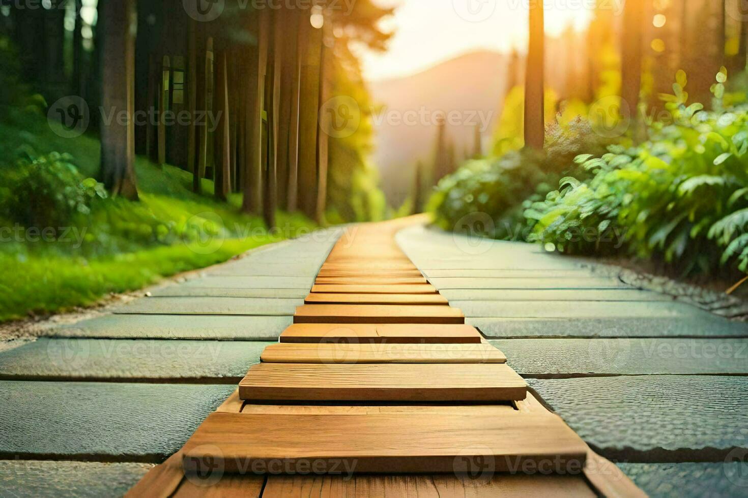 un' di legno sentiero nel il mezzo di un' foresta. ai-generato foto