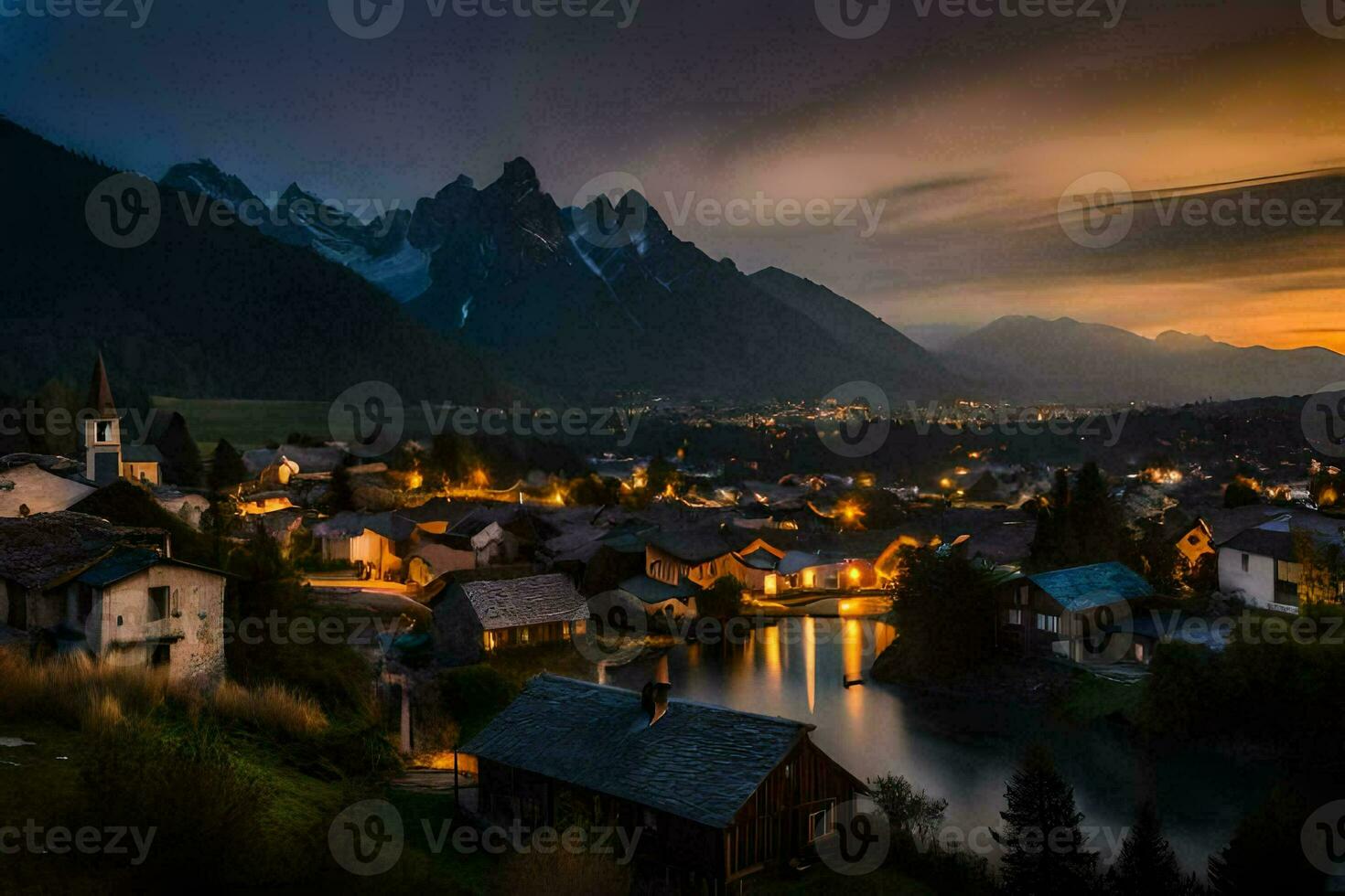 foto sfondo il cielo, montagne, lago, il villaggio, il montagne, il villaggio, il. ai-generato