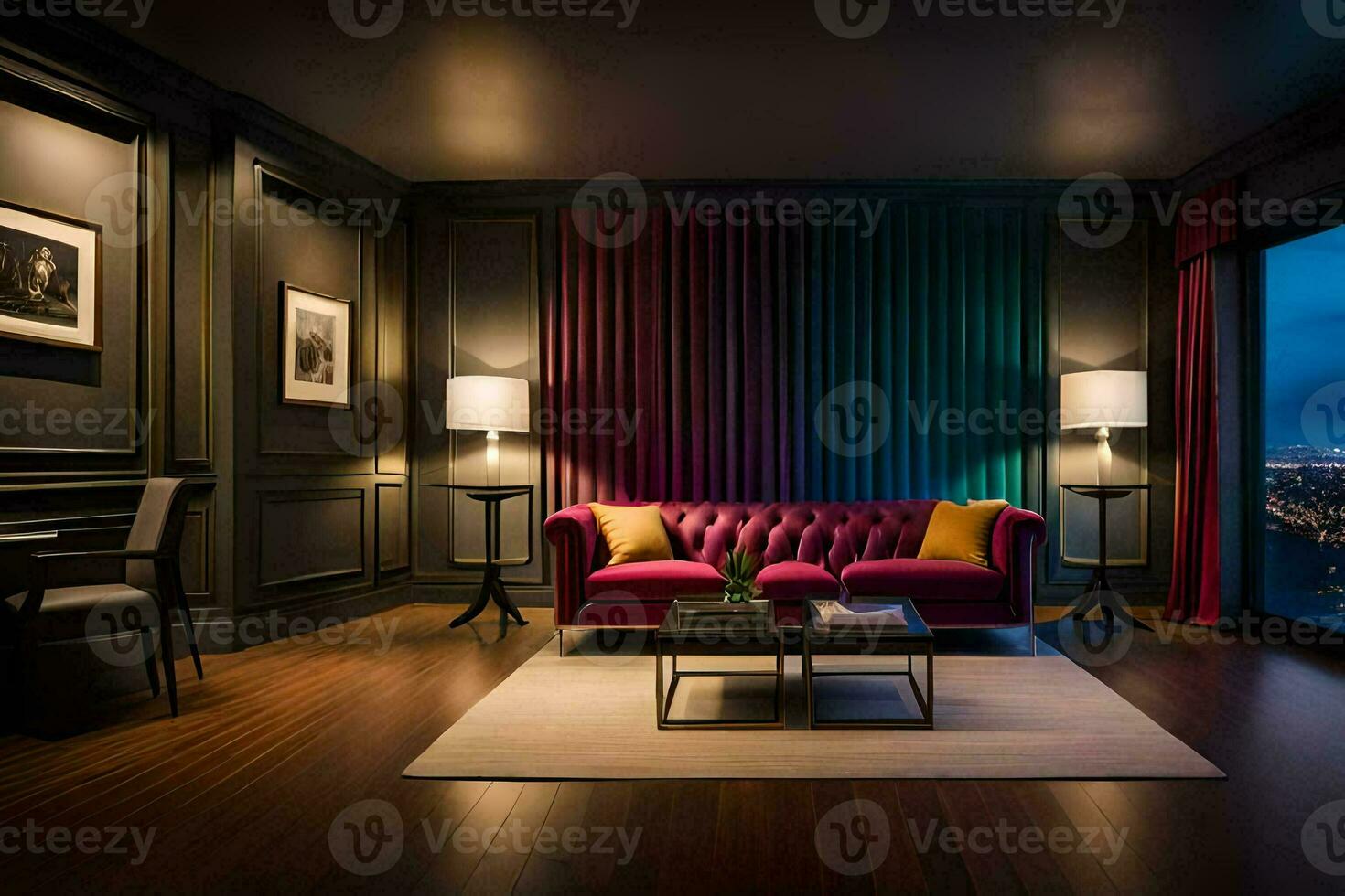 un' vivente camera con un' viola divano e un' Visualizza di il città. ai-generato foto