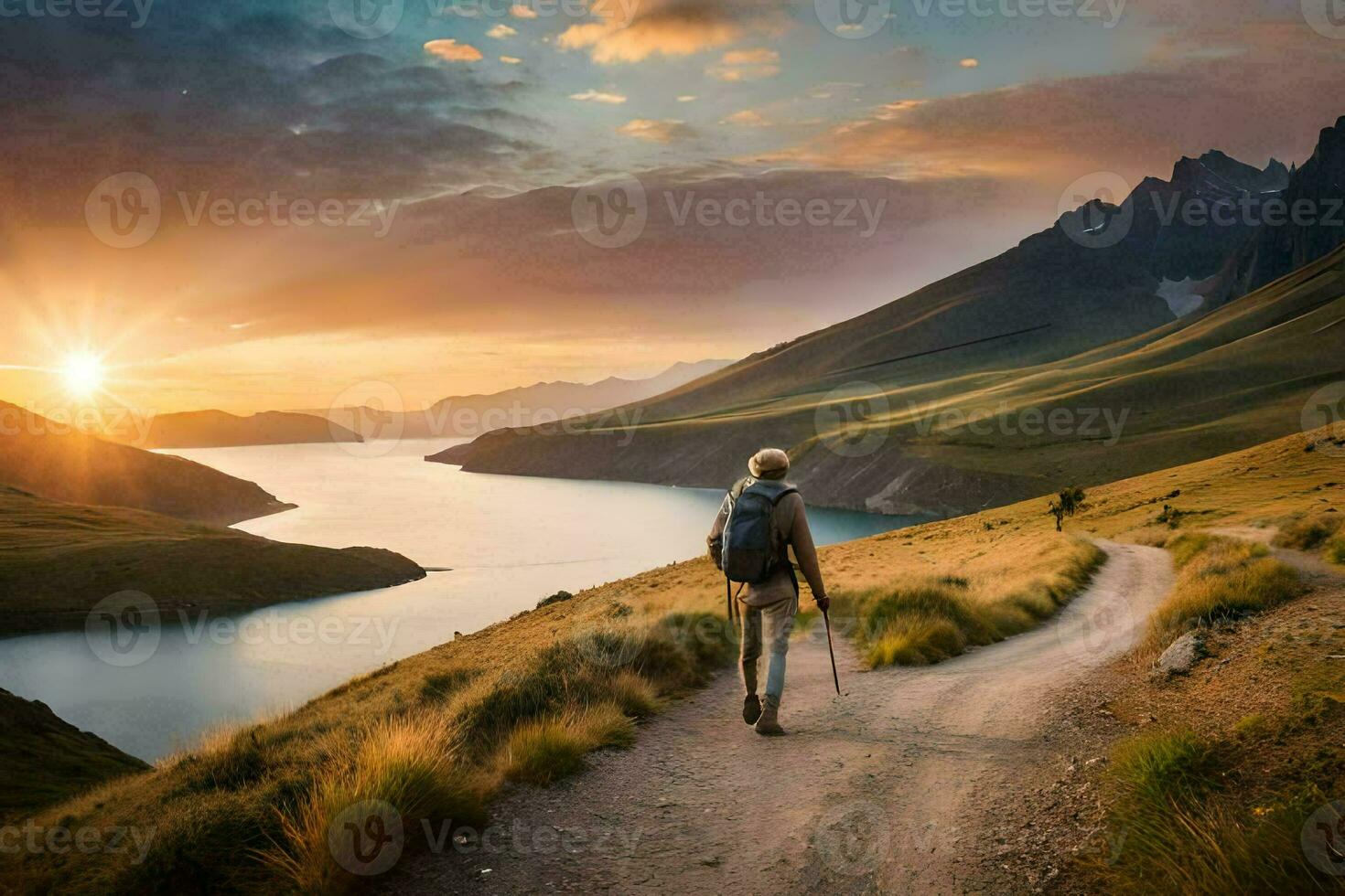 un' uomo passeggiate lungo un' sentiero nel il montagne a tramonto. ai-generato foto