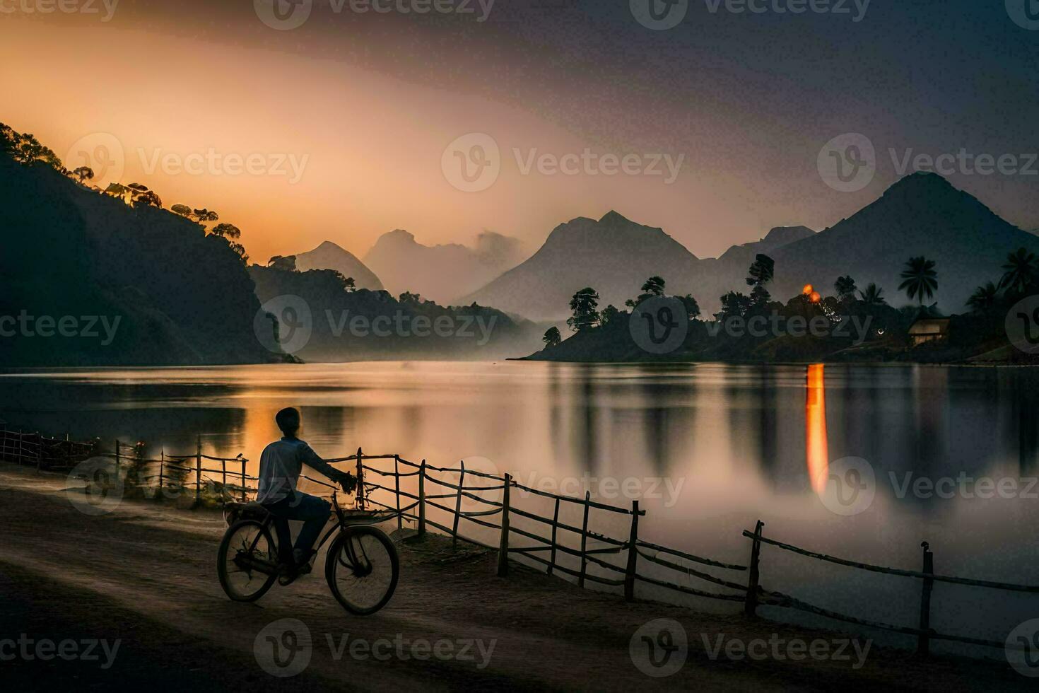 un' uomo equitazione il suo bicicletta lungo il riva di un' lago a tramonto. ai-generato foto