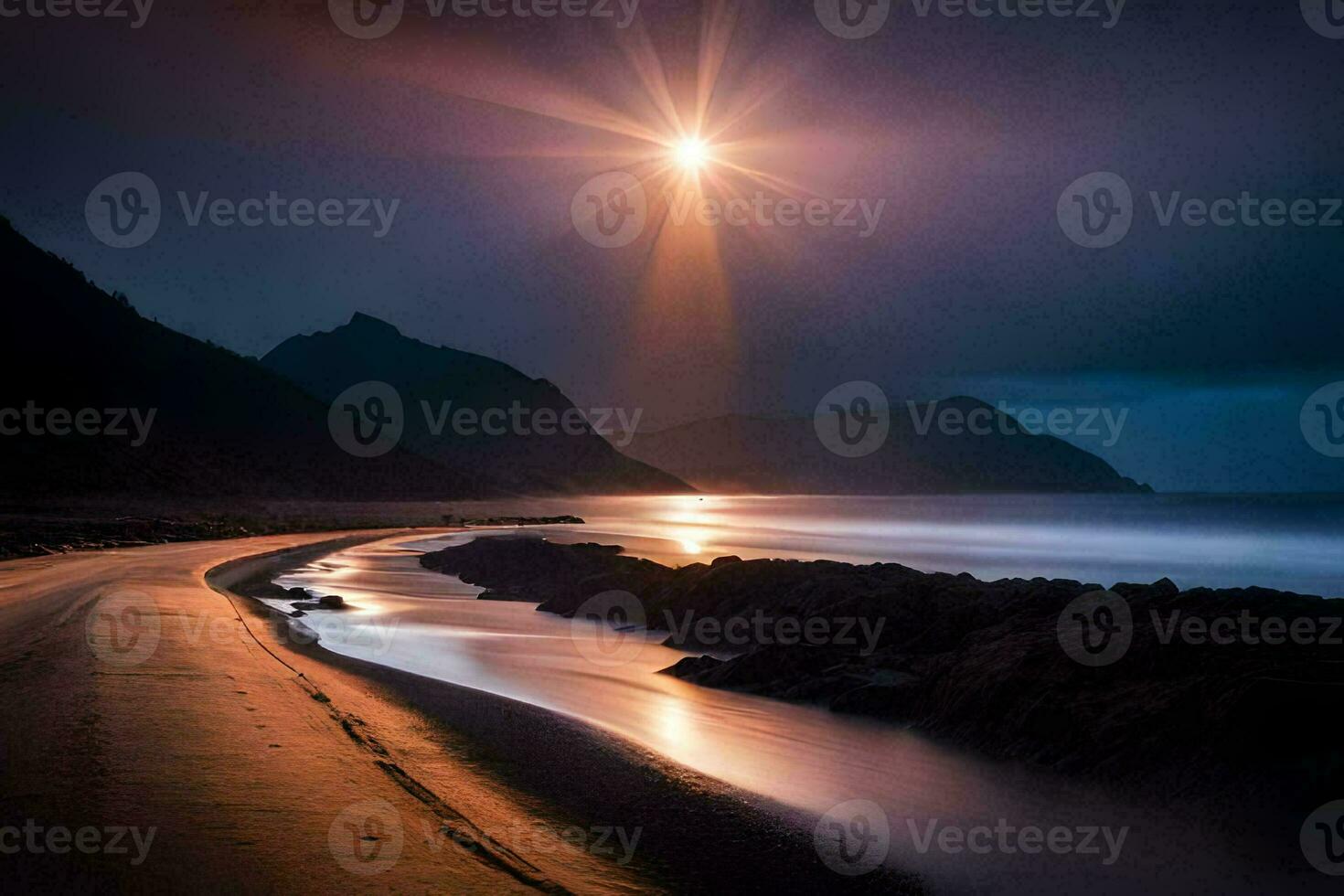 un' lungo esposizione fotografia di il sole splendente al di sopra di un' spiaggia. ai-generato foto