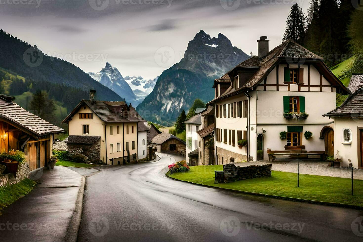 un' strada nel il montagne con case e montagne nel il sfondo. ai-generato foto