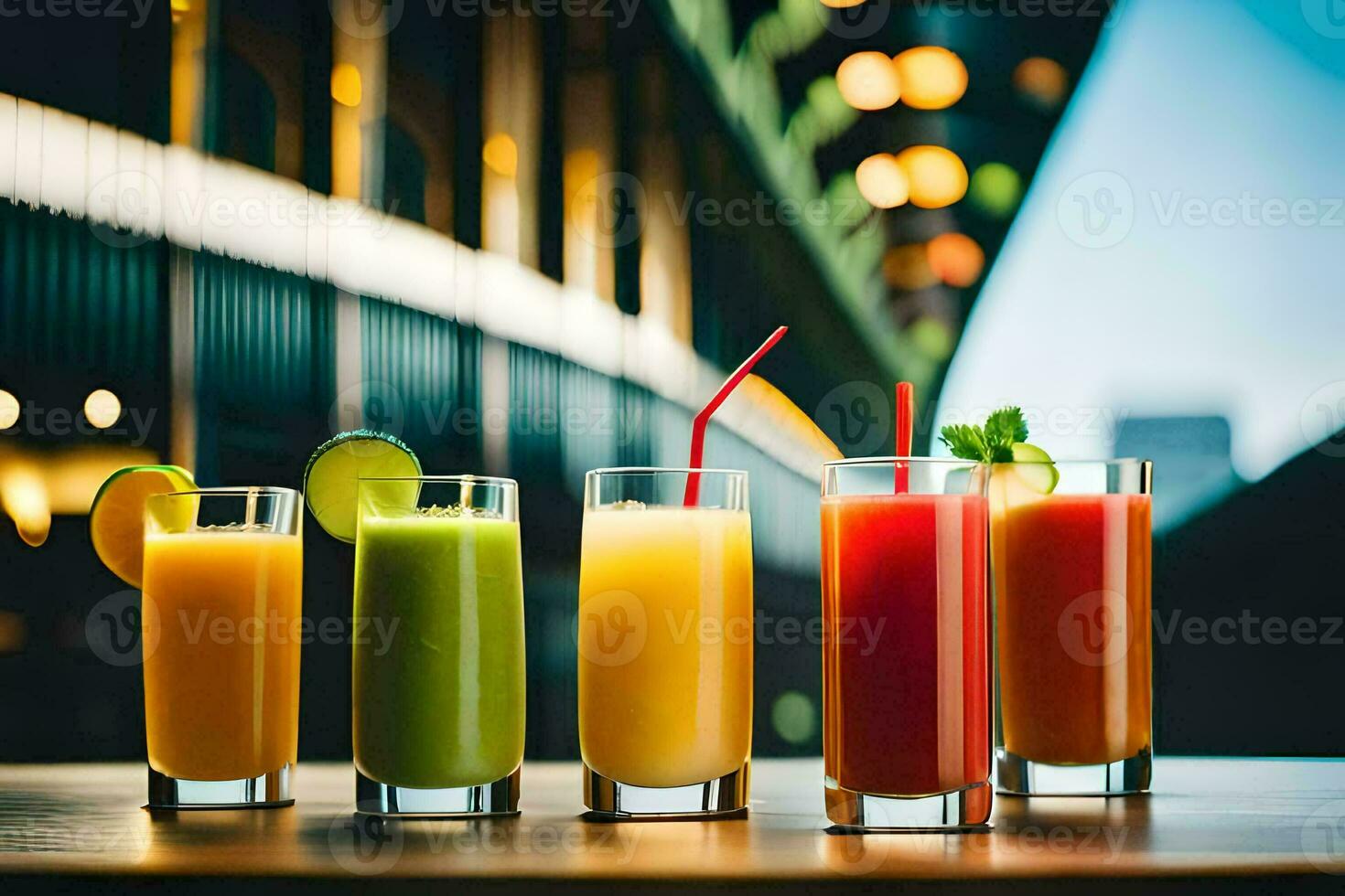 cinque diverso colorato succhi di frutta nel bicchieri su un' tavolo. ai-generato foto