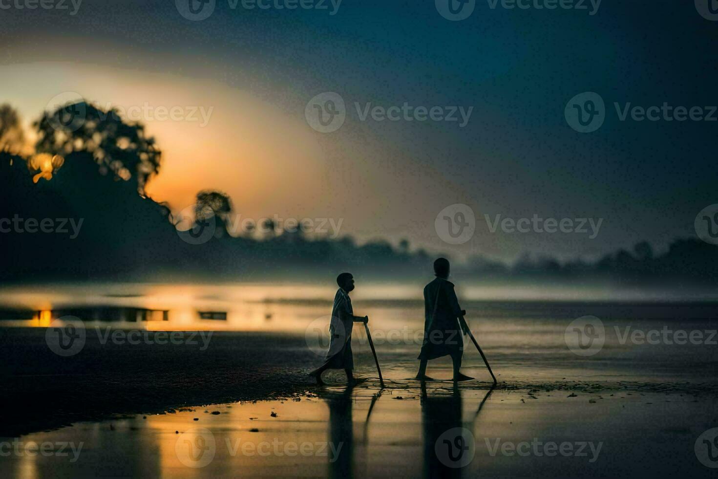 Due persone a piedi su il spiaggia a tramonto. ai-generato foto