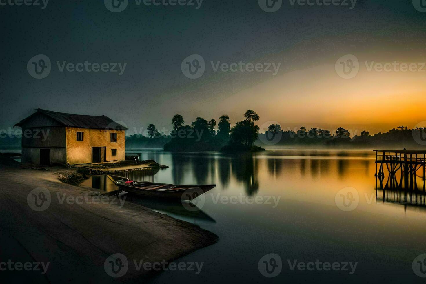 un' barca si siede su il riva a tramonto. ai-generato foto