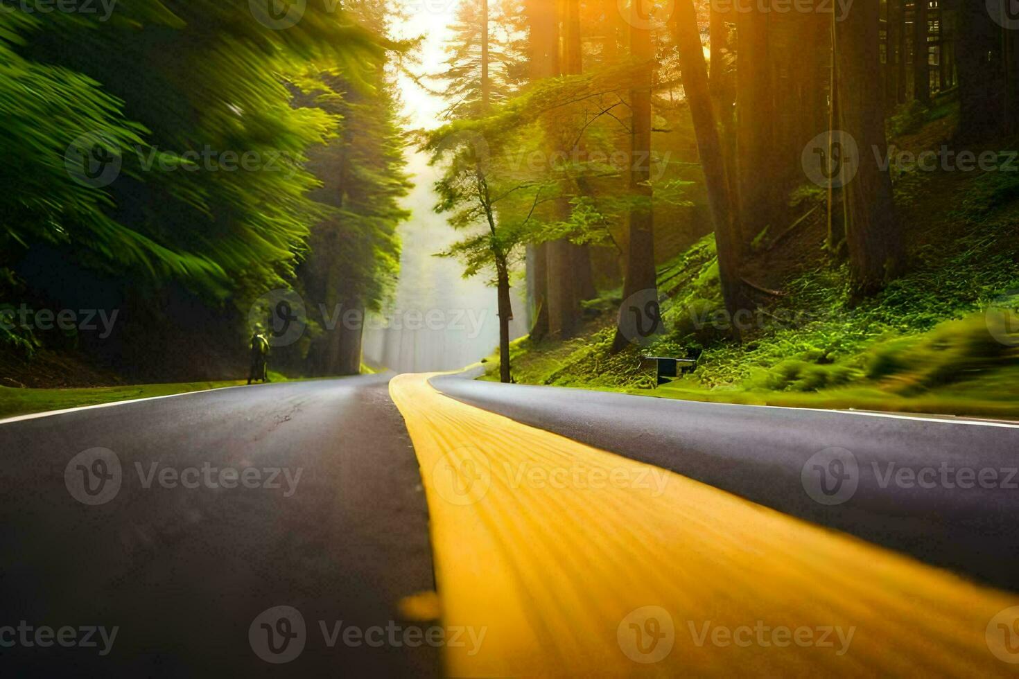 un' strada nel il foresta con alberi e sole. ai-generato foto