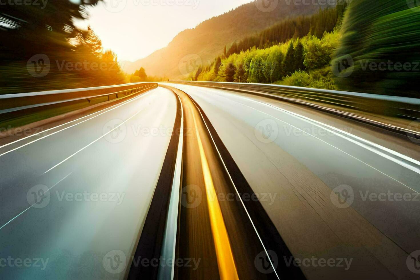 un' sfocato Immagine di un' autostrada con un' auto guida su esso. ai-generato foto