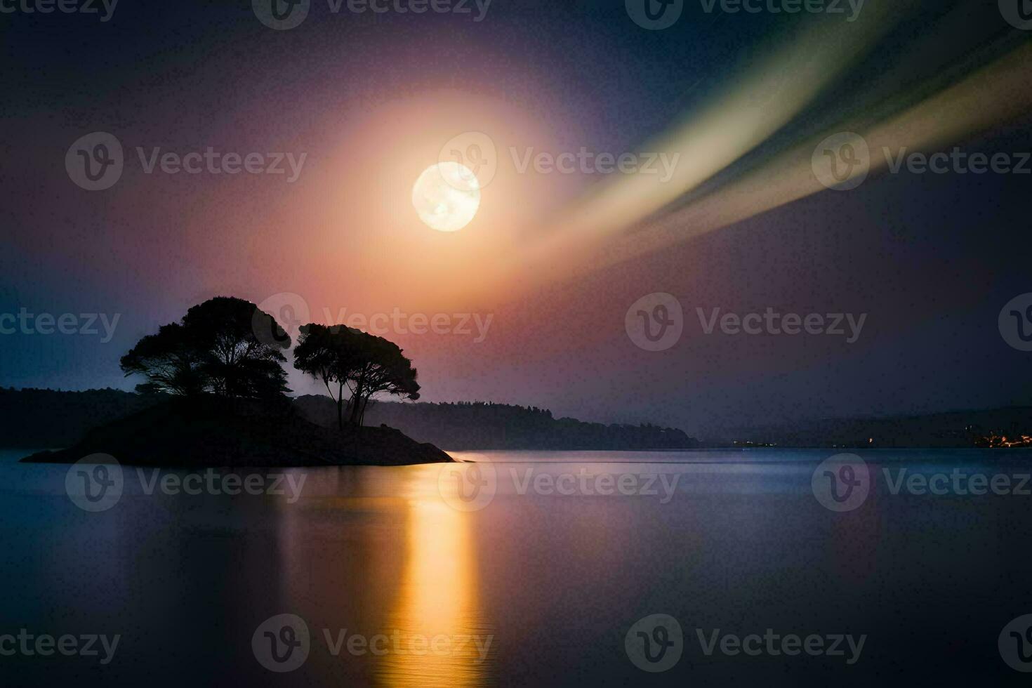 un' pieno Luna è visto al di sopra di il acqua con alberi. ai-generato foto