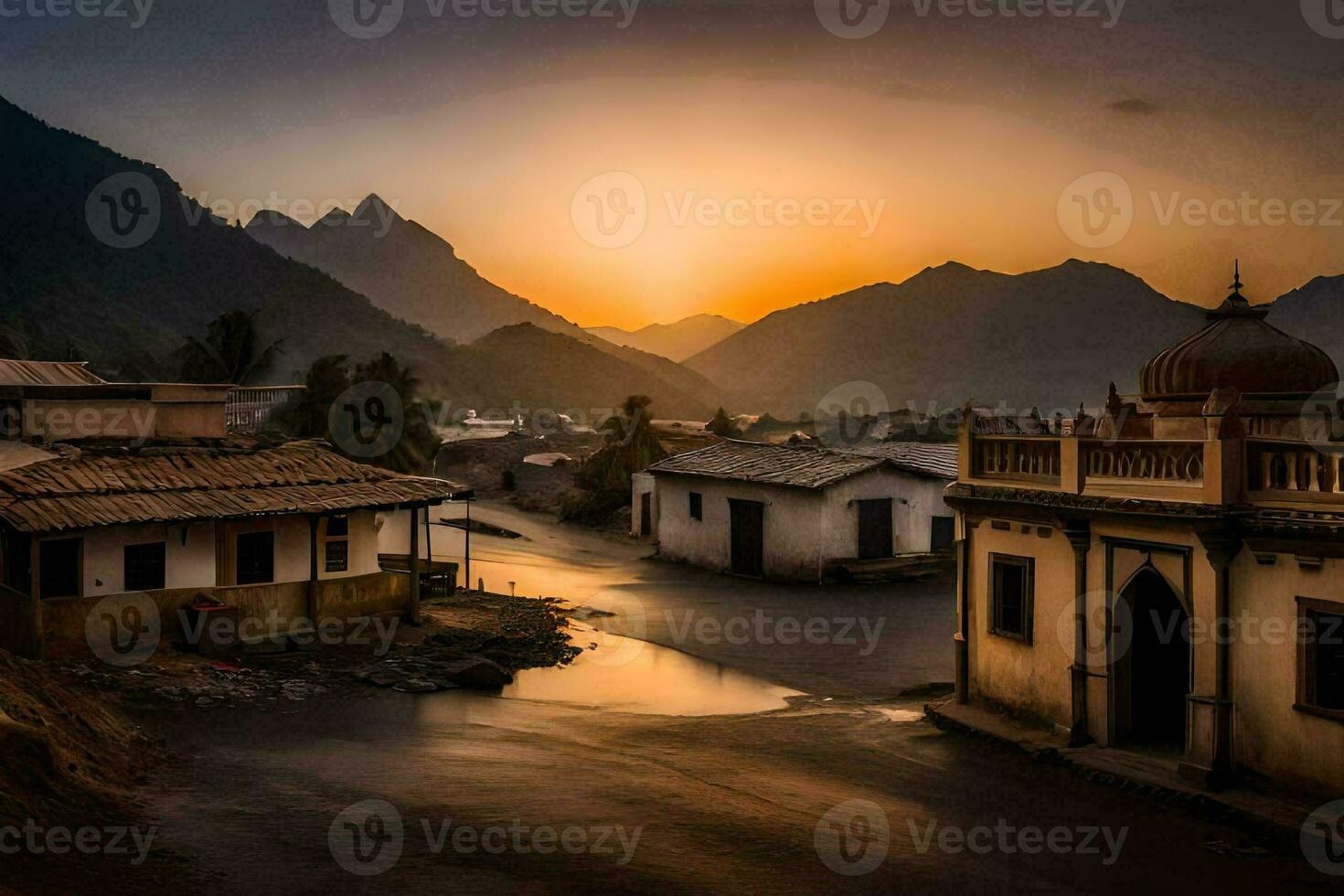un' villaggio a tramonto con montagne nel il sfondo. ai-generato foto