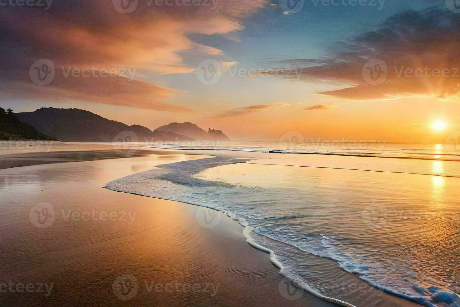 il sole sorge al di sopra di il oceano e onde su un' spiaggia. ai-generato foto