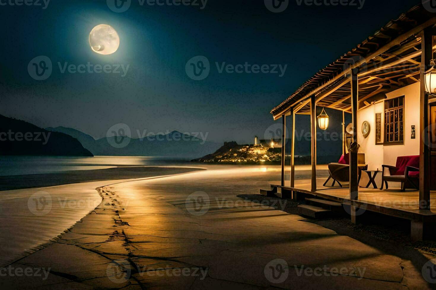 un' Casa su il spiaggia a notte con un' pieno Luna. ai-generato foto