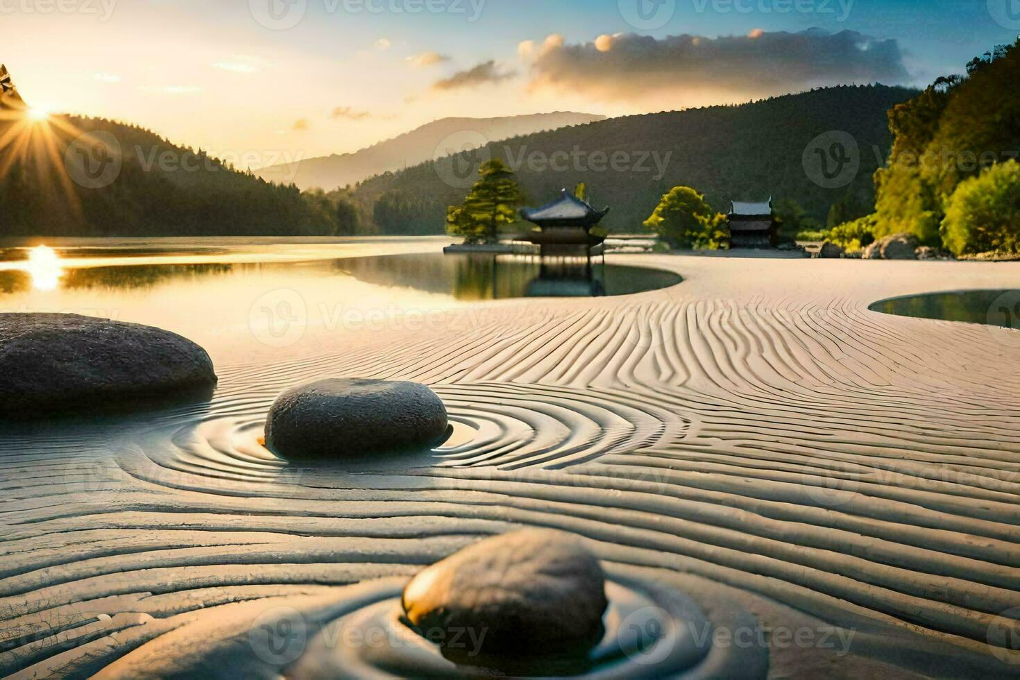 il sole sorge al di sopra di il acqua e rocce nel il sabbia. ai-generato foto