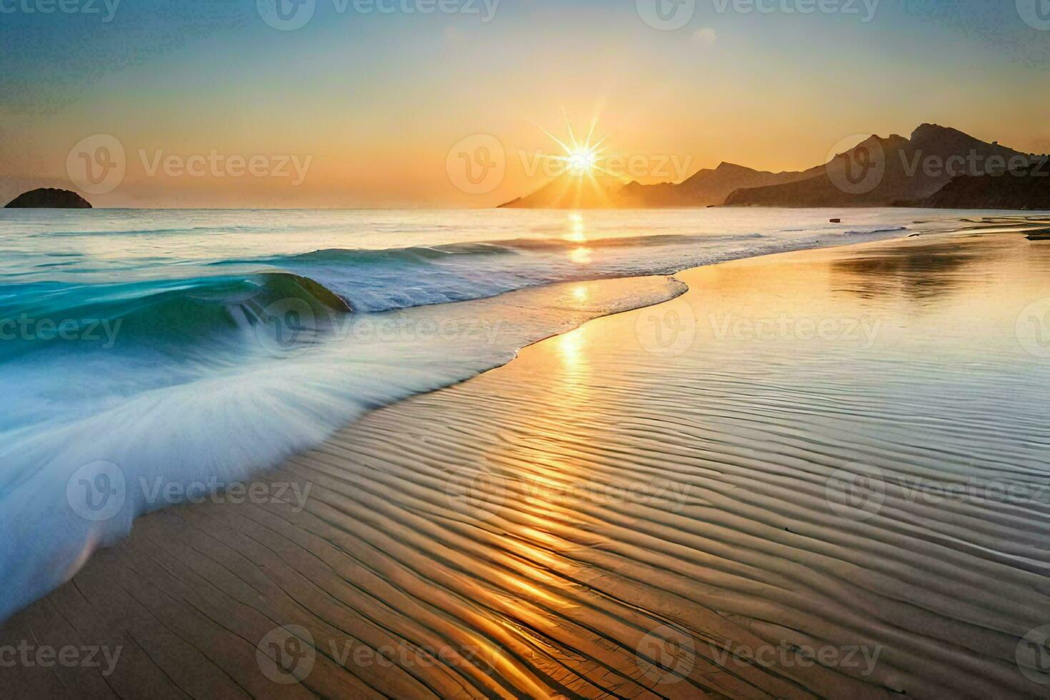 il sole sorge al di sopra di il oceano e onde su il spiaggia. ai-generato foto