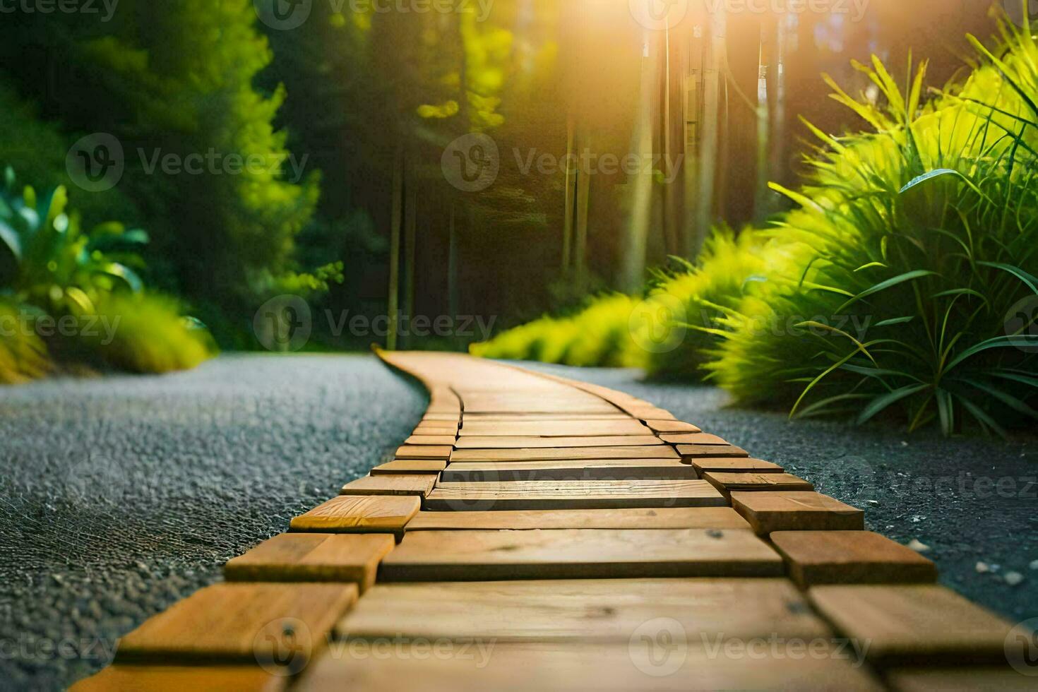 un' di legno sentiero nel il mezzo di un' foresta. ai-generato foto