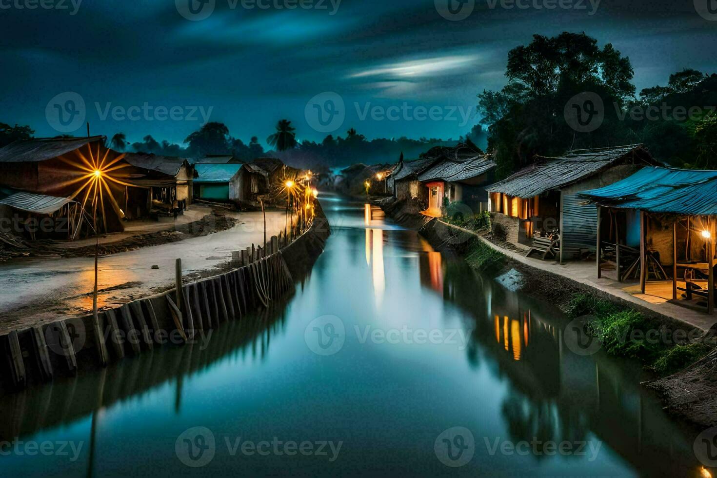 un' fiume nel il mezzo di un' villaggio a notte. ai-generato foto