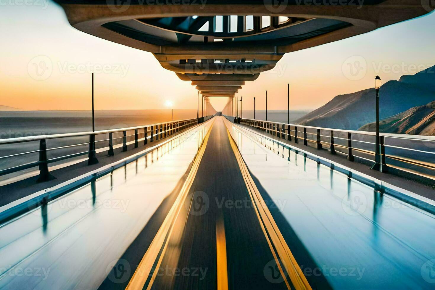 un' lungo ponte con un' auto guida su esso. ai-generato foto