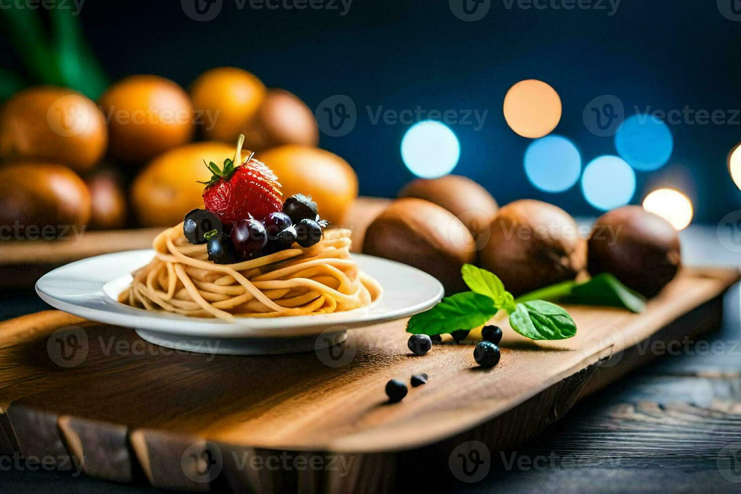 spaghetti con frutti di bosco e menta su un' di legno tavolo. ai-generato foto