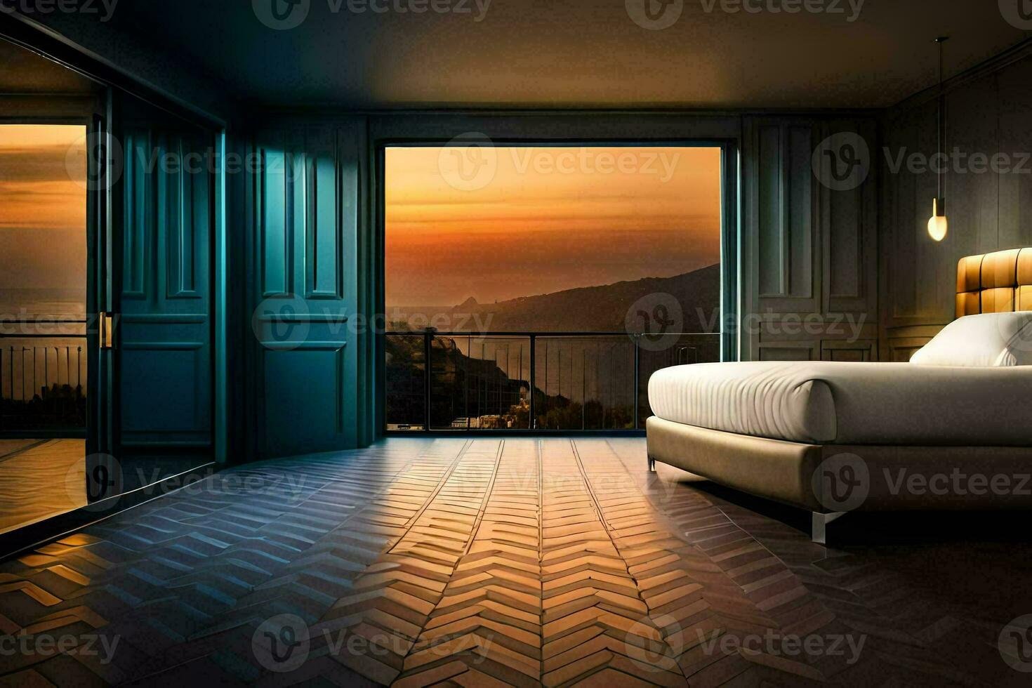 un' Camera da letto con un' Visualizza di il oceano a tramonto. ai-generato foto