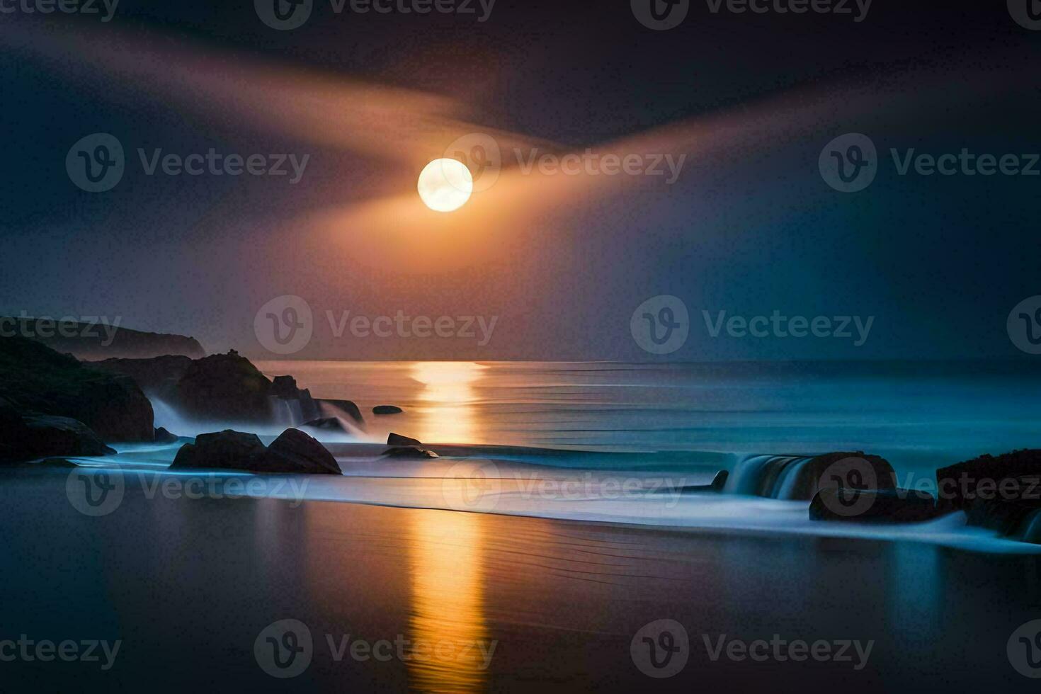 un' pieno Luna è visto al di sopra di il oceano nel Questo foto. ai-generato foto