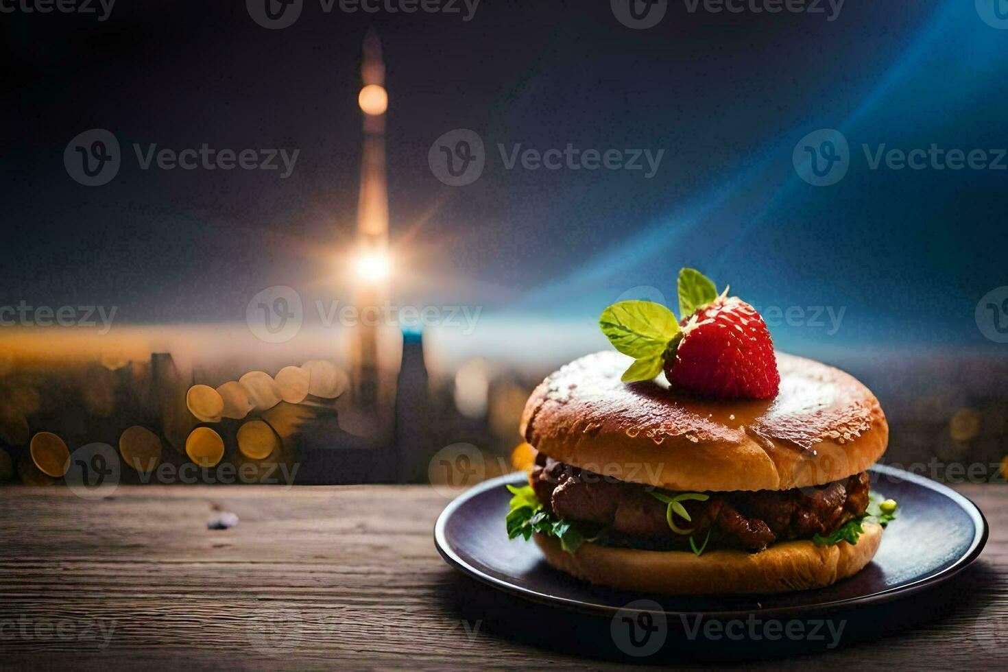 un' hamburger con un' fragola su superiore di esso. ai-generato foto