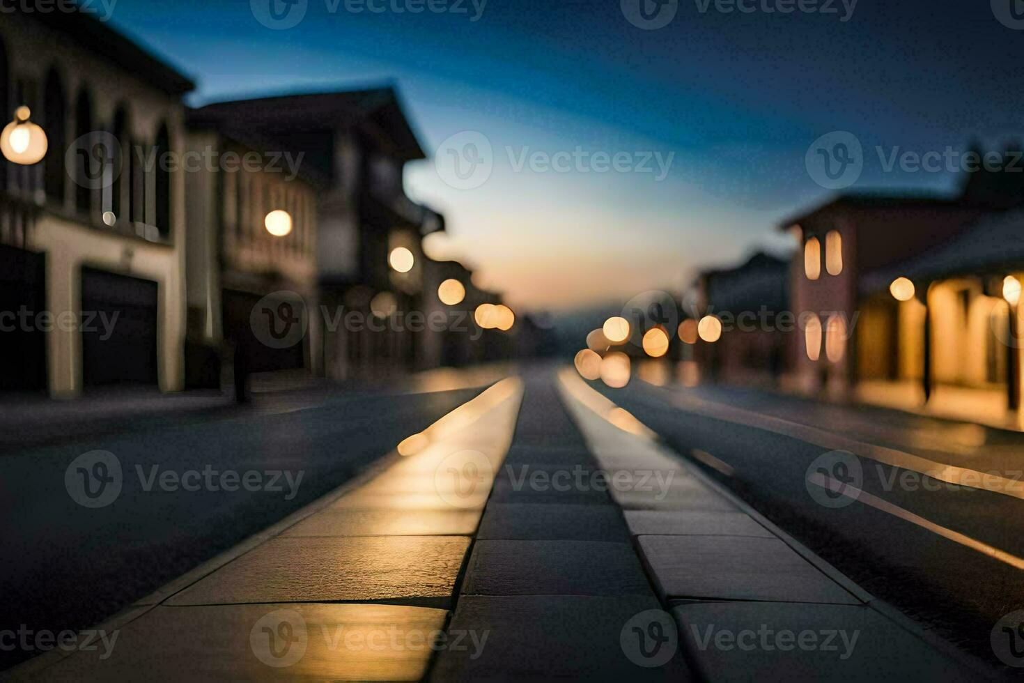 un' strada a crepuscolo con luci su il edifici. ai-generato foto