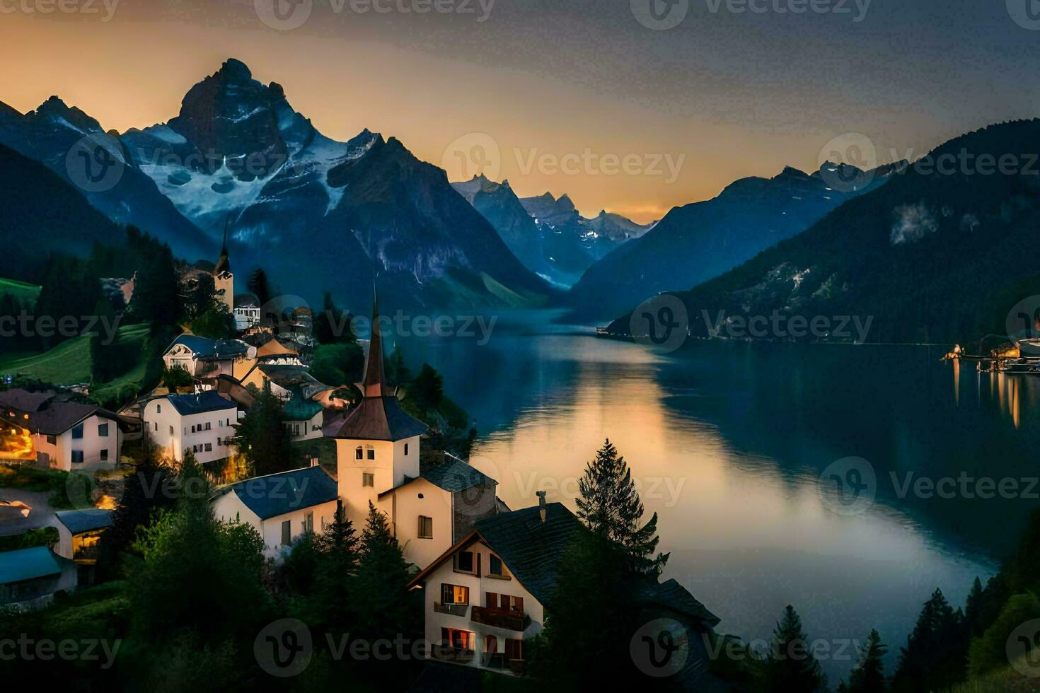 un' cittadina si siede su il bordo di un' lago circondato di montagne. ai-generato foto