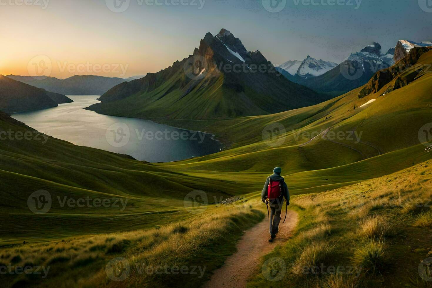 un' uomo passeggiate su un' sentiero nel il montagne. ai-generato foto