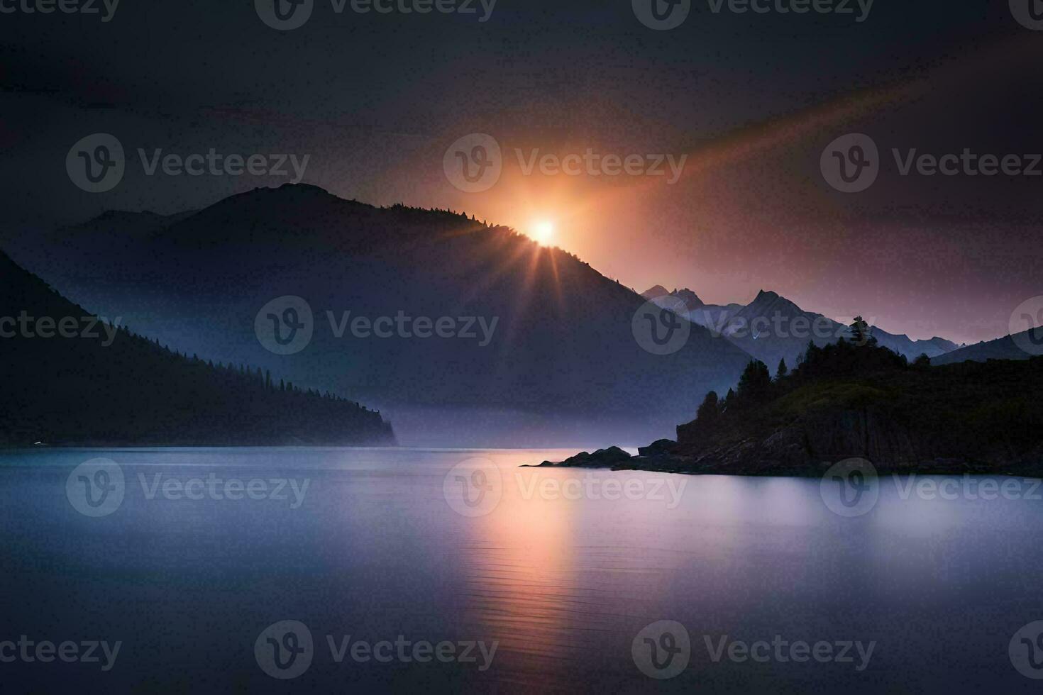 il sole sorge al di sopra di un' montagna gamma e lago. ai-generato foto