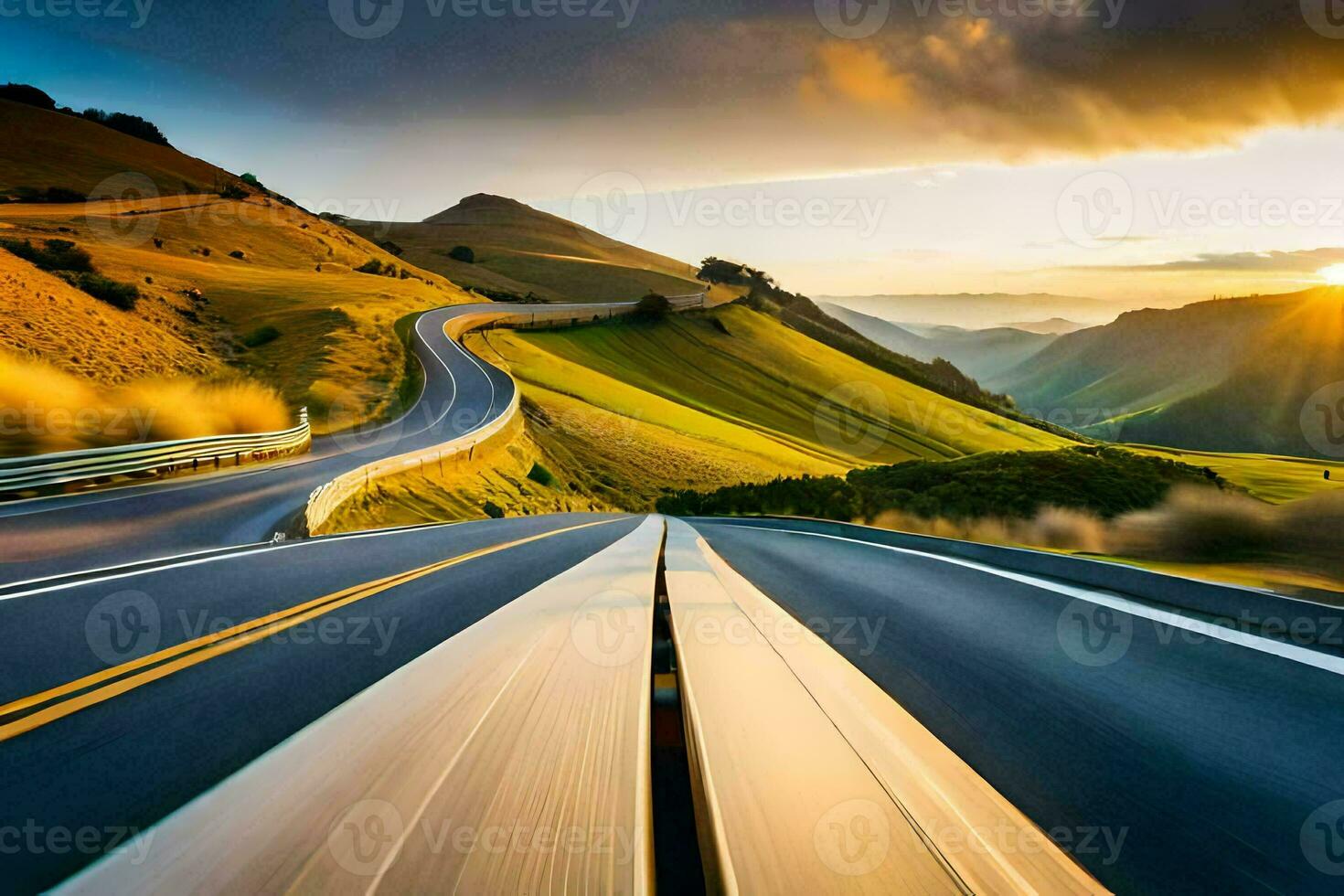 un' strada con un' tramonto nel il sfondo. ai-generato foto