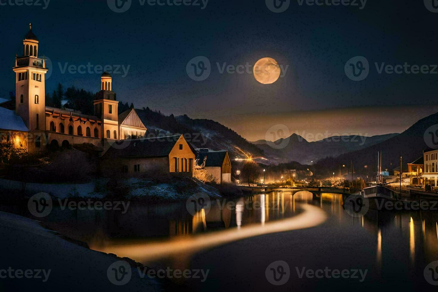 foto sfondo il Luna, notte, fiume, cittadina, Chiesa, Luna, fiume, lago,. ai-generato