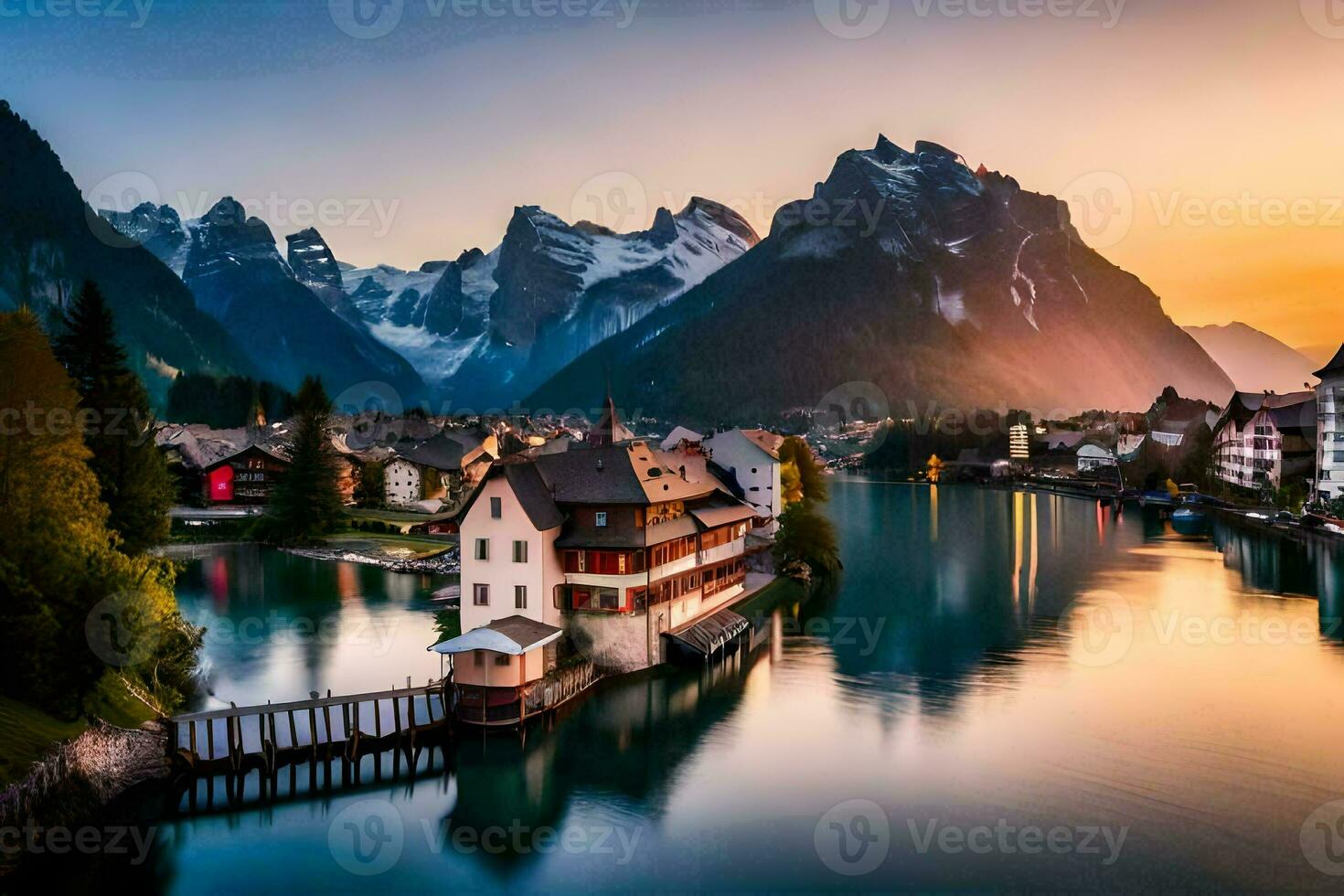 il sole imposta al di sopra di un' lago e montagne nel Svizzera. ai-generato foto