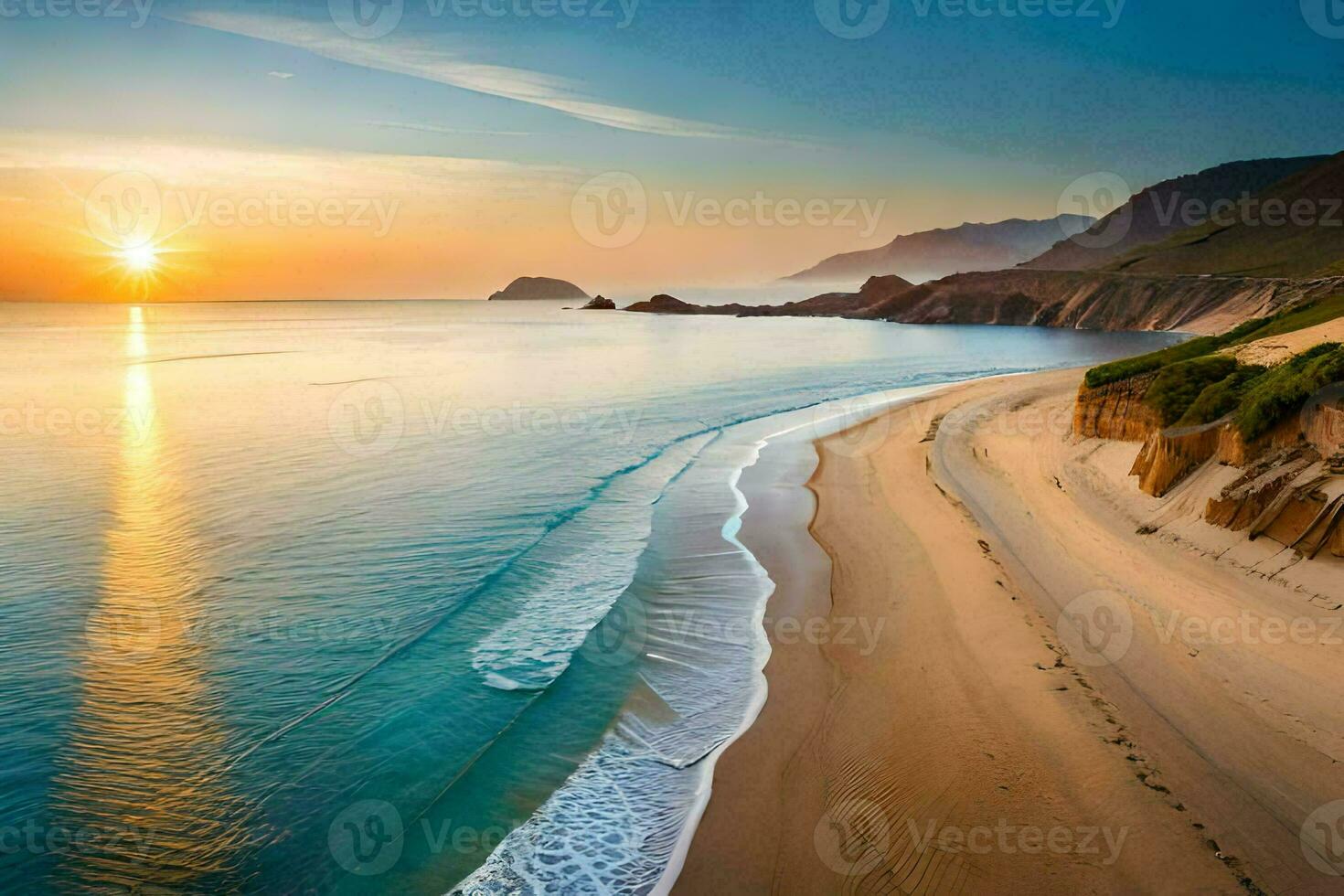 il sole sorge al di sopra di il oceano e il spiaggia nel Questo foto. ai-generato foto