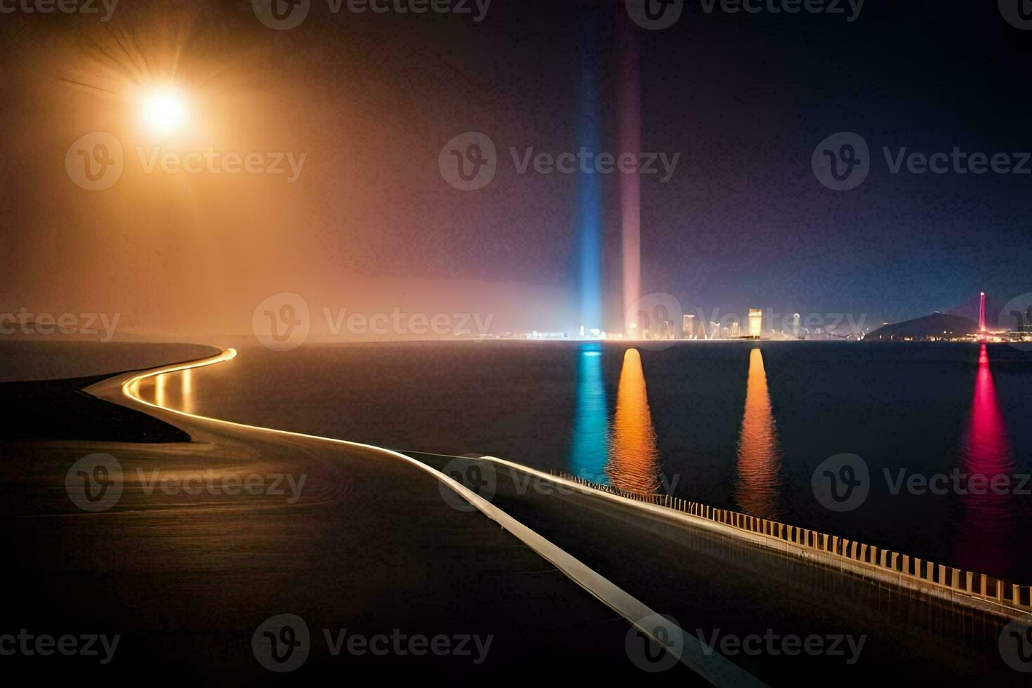 un' lungo strada principale per il oceano a notte. ai-generato foto