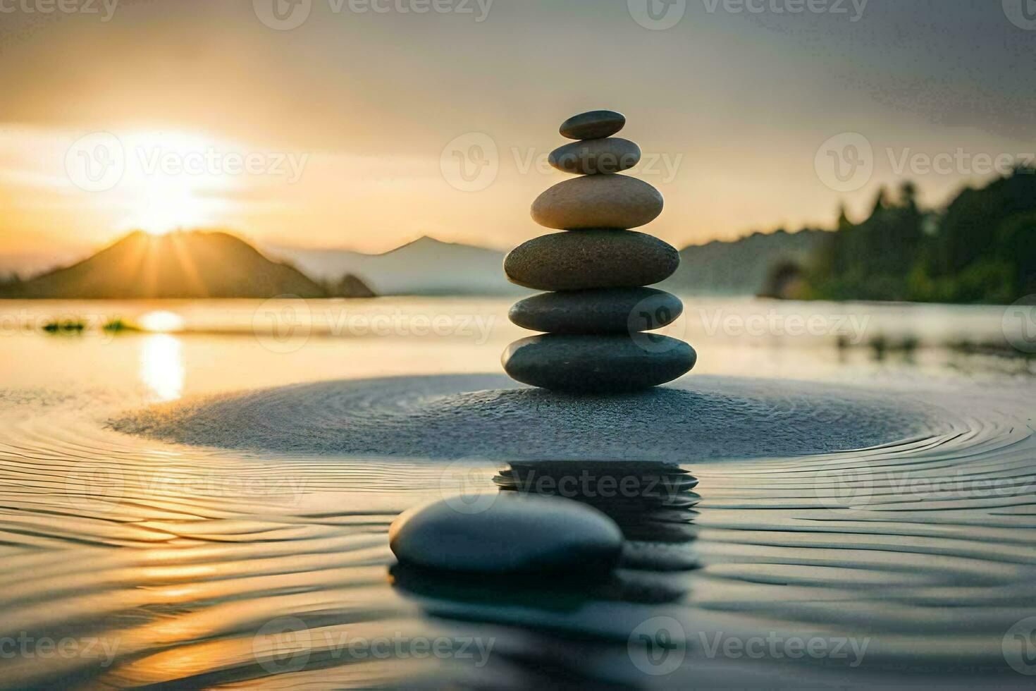 un' pila di pietre nel il acqua a tramonto. ai-generato foto