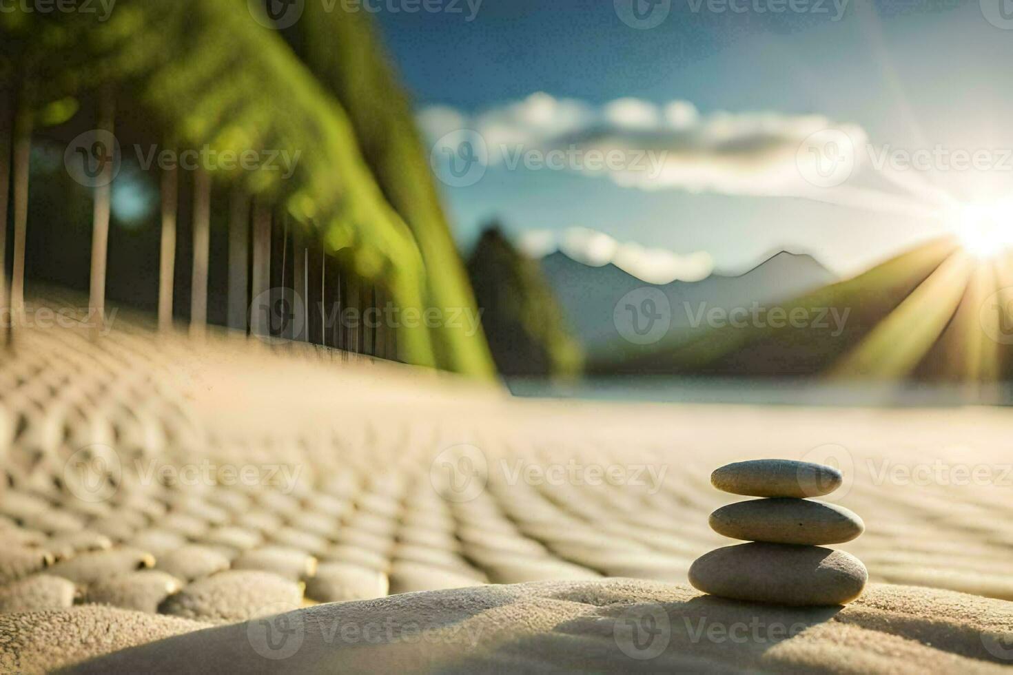 impilati pietre su il spiaggia a tramonto. ai-generato foto