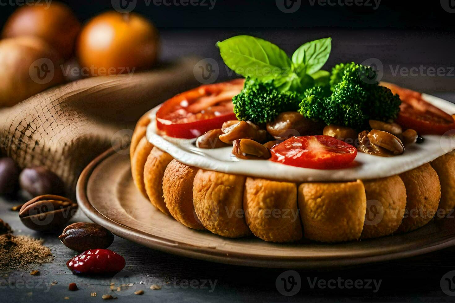 un' torta con pomodori, broccoli e noccioline su un' piatto. ai-generato foto