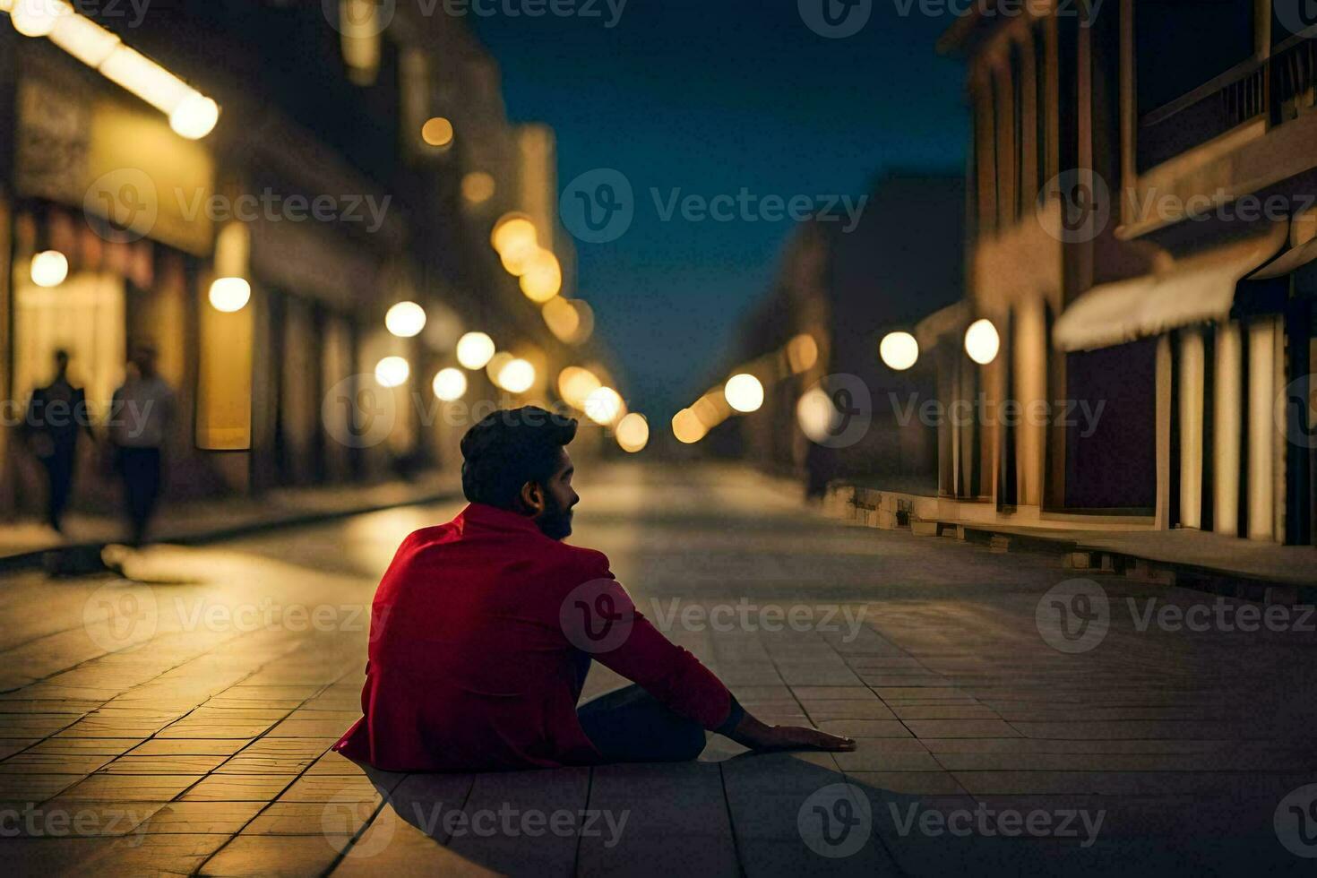 un' uomo seduta su il terra nel il mezzo di un' città strada a notte. ai-generato foto